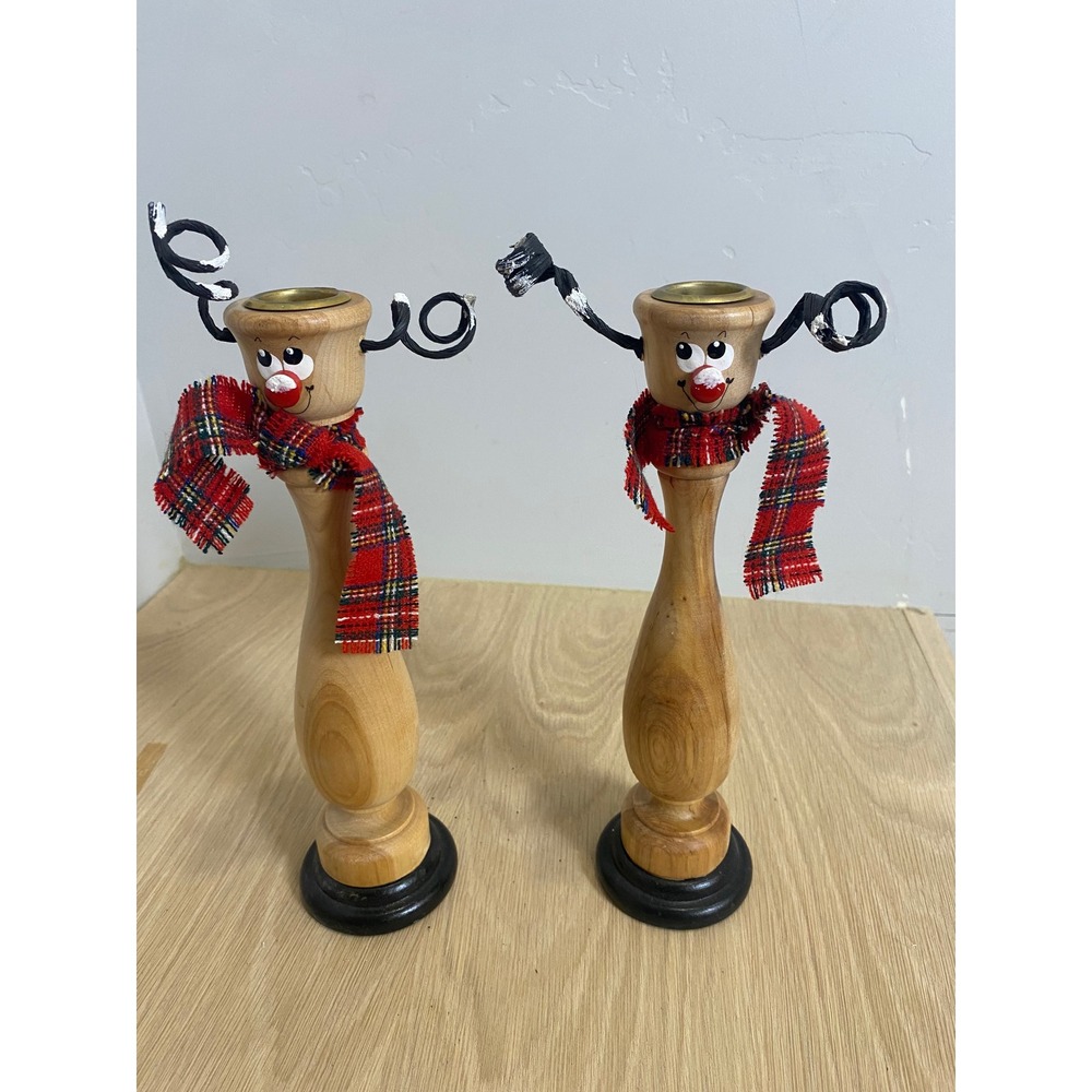 Vintage 90s Reindeer Wooden Taper Candle Holders Set of 2 Christmas Decor Plaid